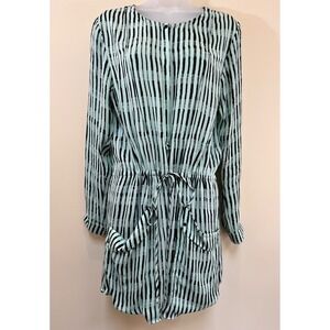 ALC 100% Silk Striped Dress Womens Size PS Green Black Midi Drawstring Pockets